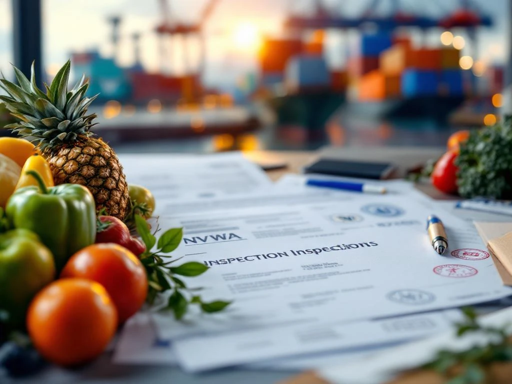 NVWA inspectiedocumenten en certificaten op bureau met verse geïmporteerde groenten en fruit, havenkranen op achtergrond