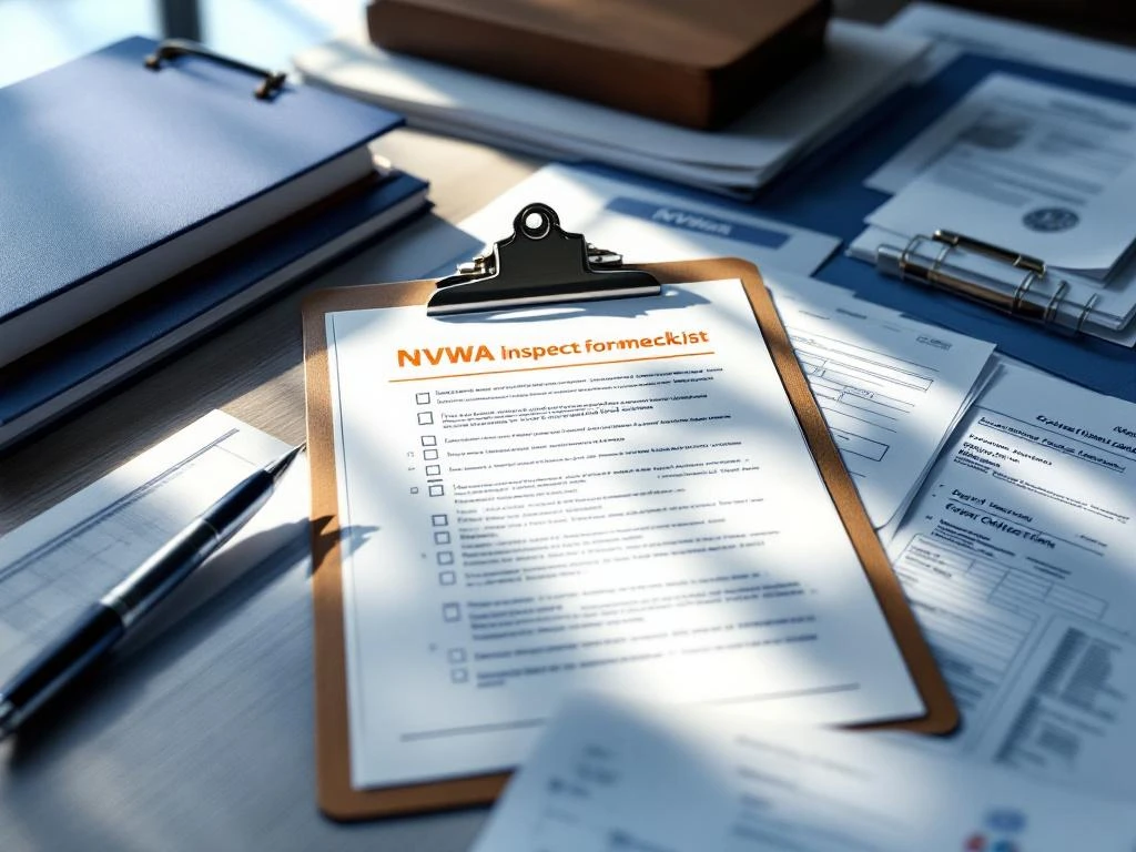 Georganiseerde bedrijfsdocumenten met NVWA-logo, klembord en checklist op modern kantoorbureau voor logistieke compliance