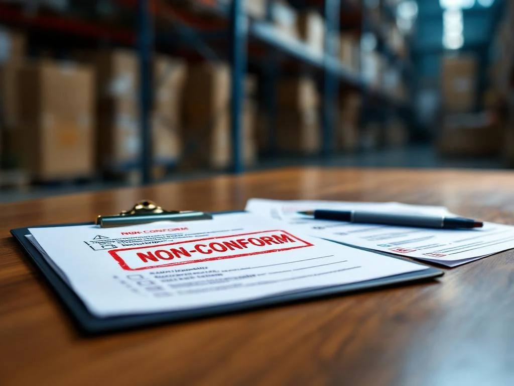 Inspectiedocumenten met rode "NON-CONFORM" stempels op houten bureau, met magazijn op achtergrond voor NVWA compliance