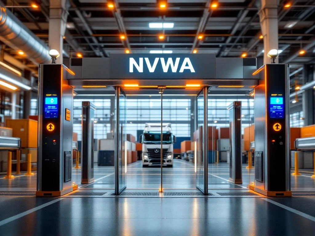 NVWA inspectie-ingang met stalen beveiligingspoorten, moderne glazen gebouwen en professionele scanapparatuur