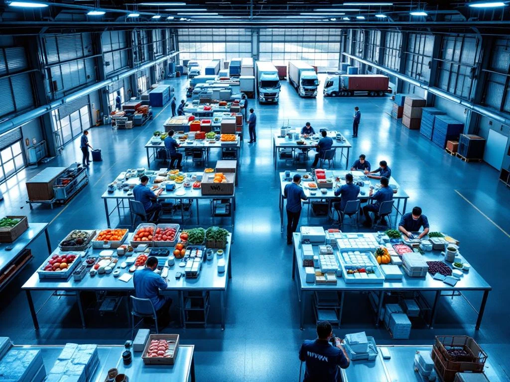 NVWA-inspecteurs onderzoeken voedsel en medicijnen op roestvrijstalen tafels in moderne inspectiehal met vrachtwagens op achtergrond