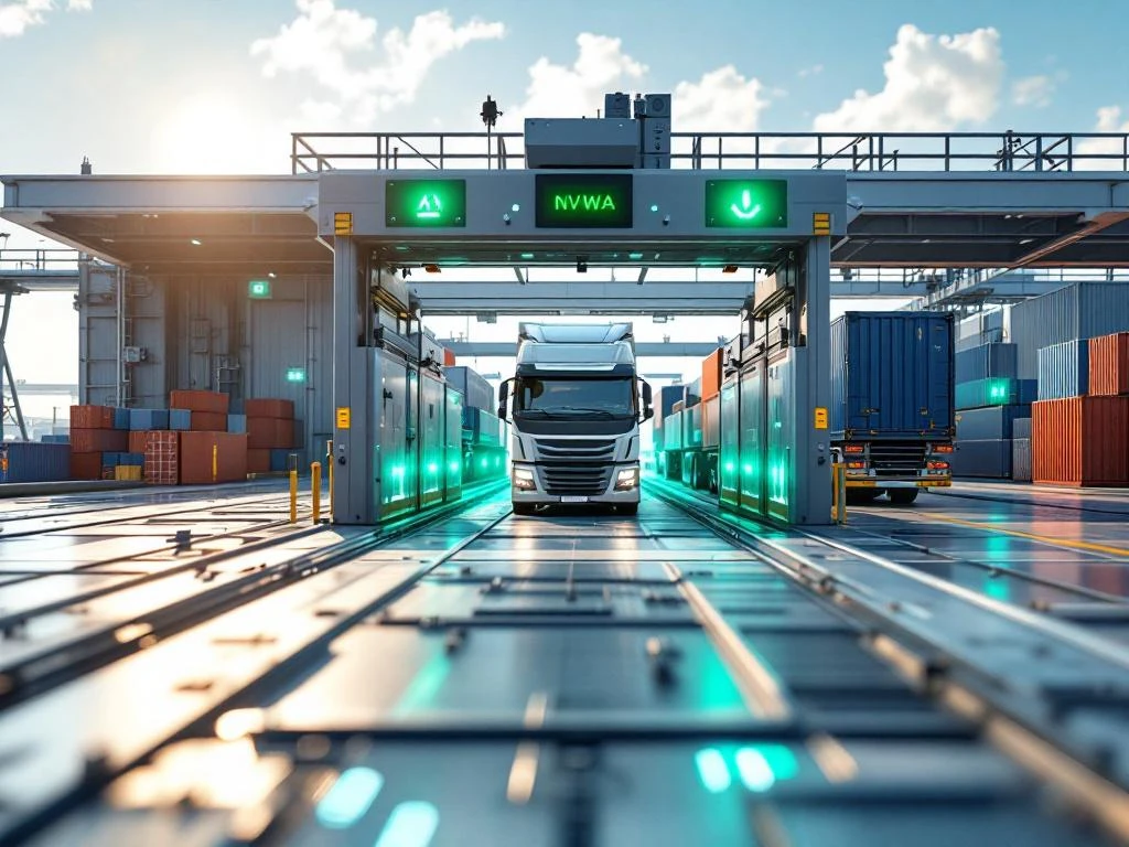 NVWA inspectieapparatuur en scanners bij moderne Europese havenfaciliteit met containers en vrachtwagens