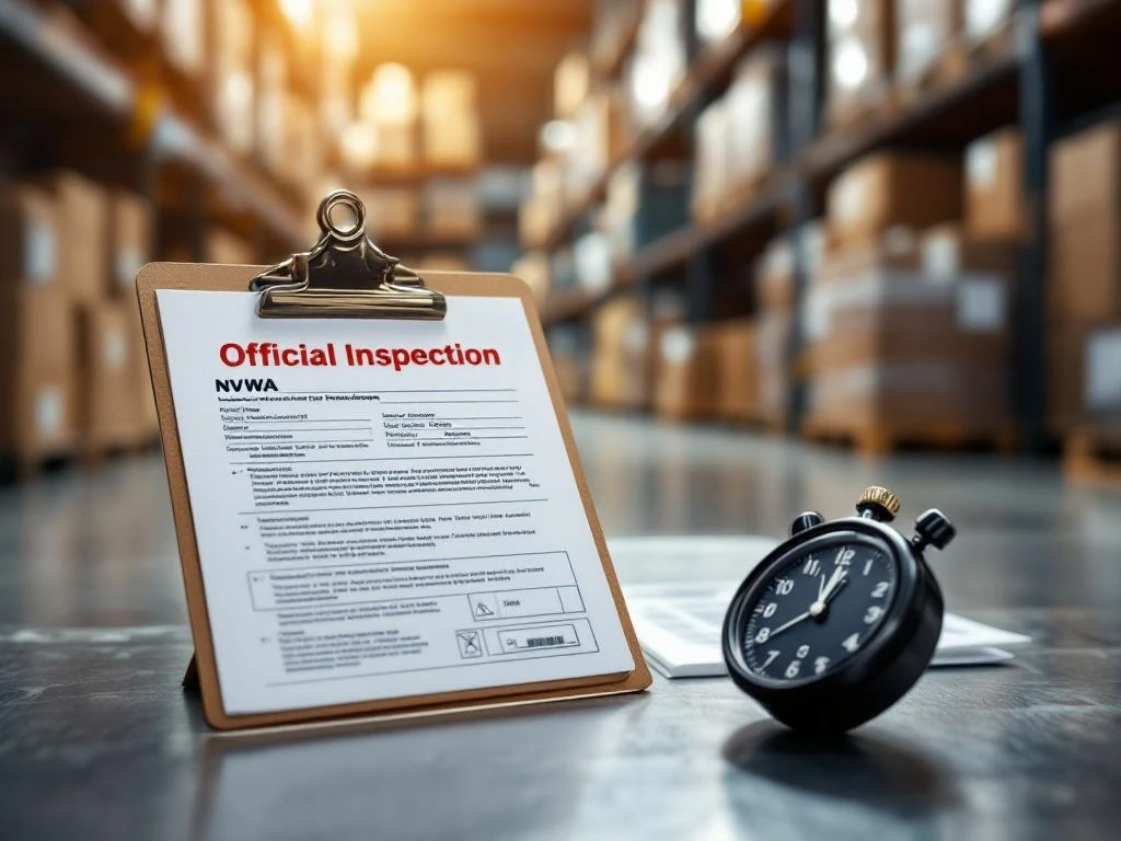 NVWA inspectie klembord met stopwatch in moderne logistieke magazijn met pallets en containers op achtergrond