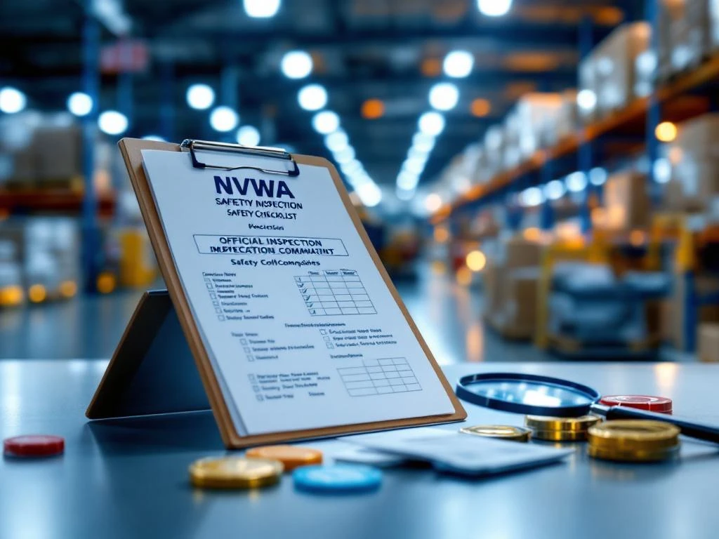 NVWA inspectie klembord met veiligheidschecklists op warehouse bureau, logistiek faciliteit op achtergrond