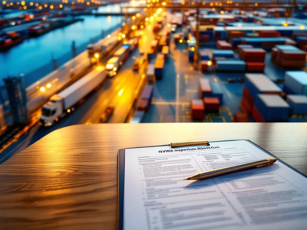 Luchtfoto van moderne logistieke opslagfaciliteit met NVWA-inspectietrucks bij laaddocks tijdens gouden uur