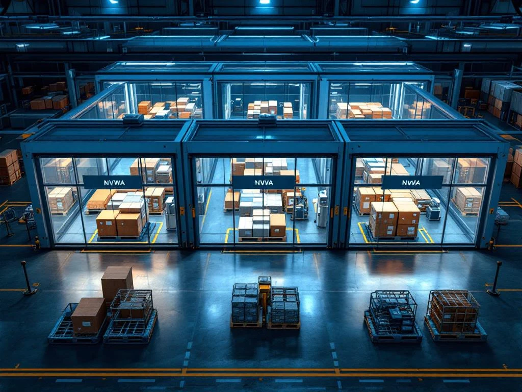 Luchtfoto van moderne logistieke warehouse met NVWA inspectiestations, georganiseerde pallets en inspectieapparatuur