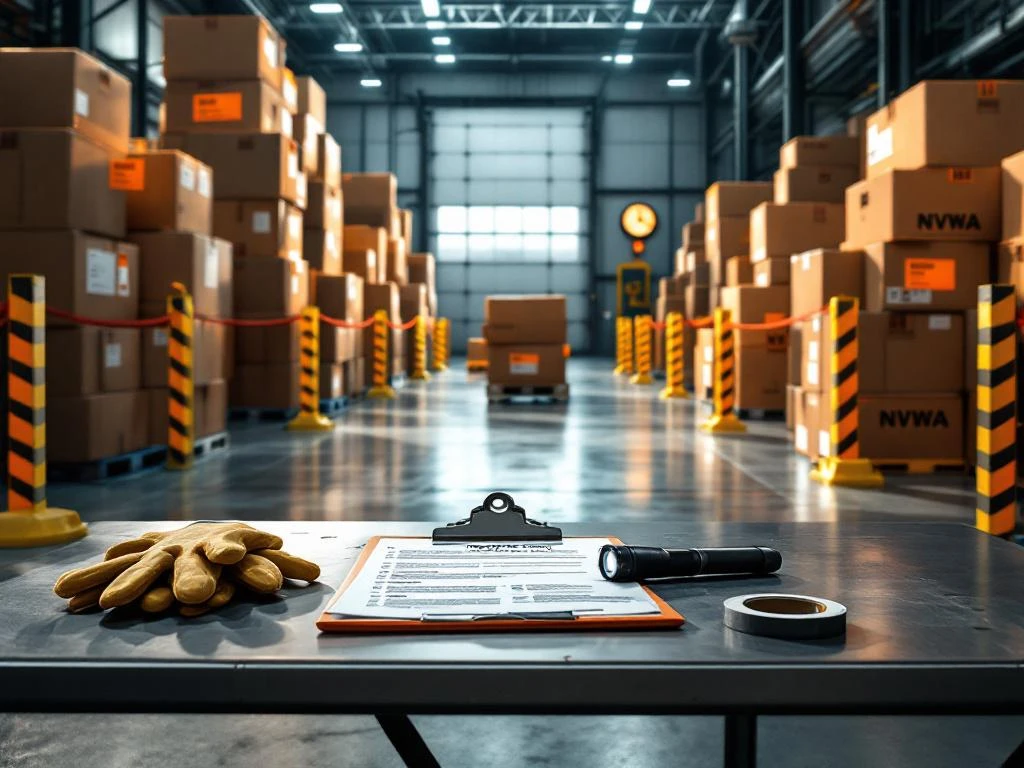 NVWA-inspectie in magazijn met verzegelde dozen, officiële documenten op tafel en veiligheidshekken tijdens goederencontrole