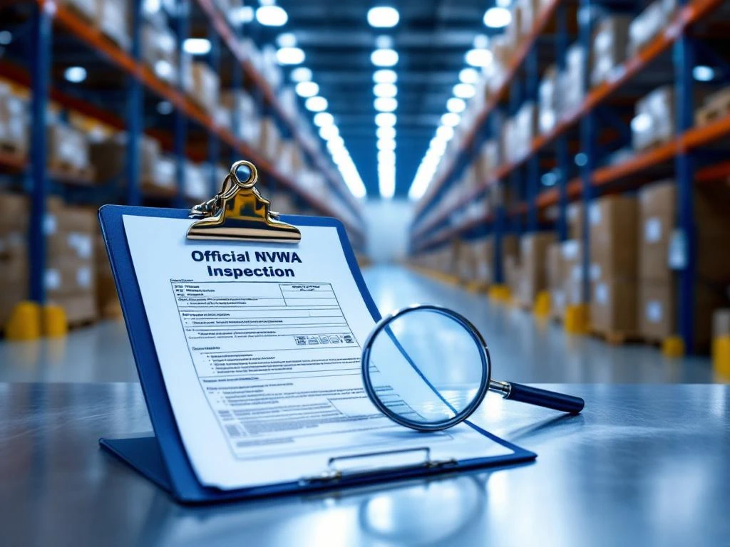 NVWA inspectiedocumenten op clipboard met vergrootglas op stalen tafel in modern magazijn met gepalletiseerde goederen