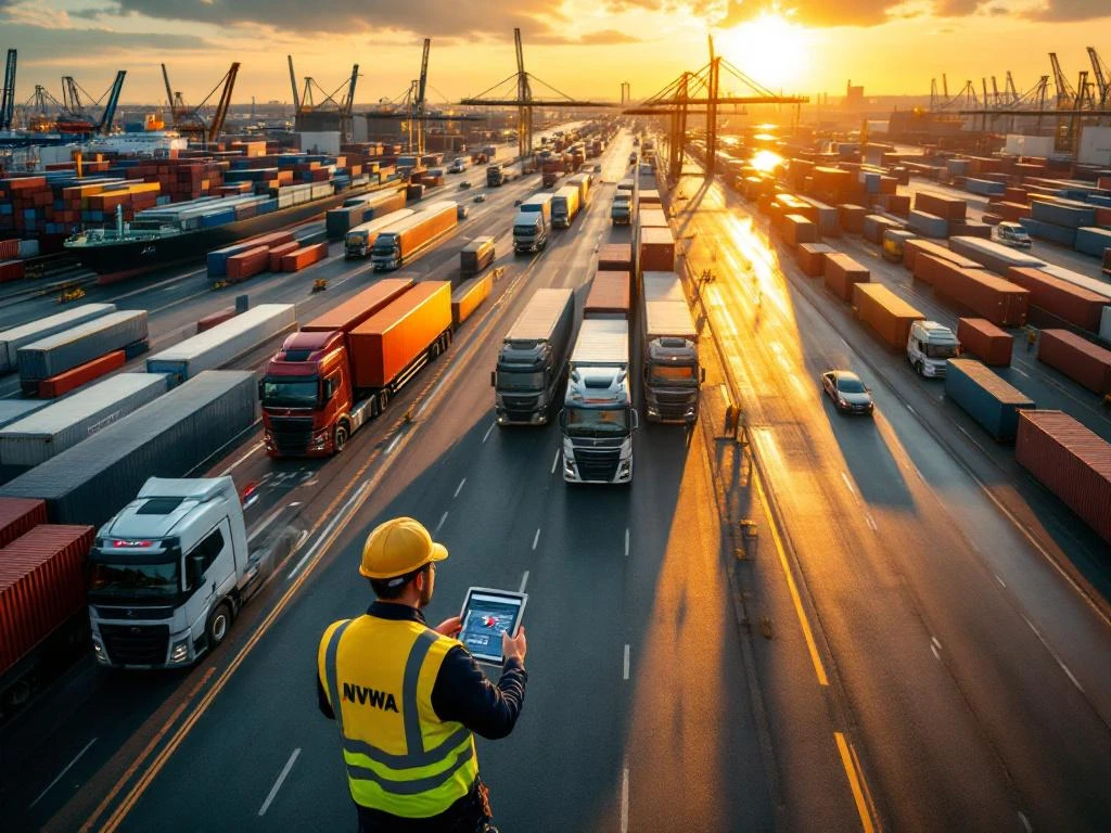 NVWA-inspecteur controleert vrachtwagens en containers op moderne Nederlandse multimodale logistieke terminal bij zonsondergang