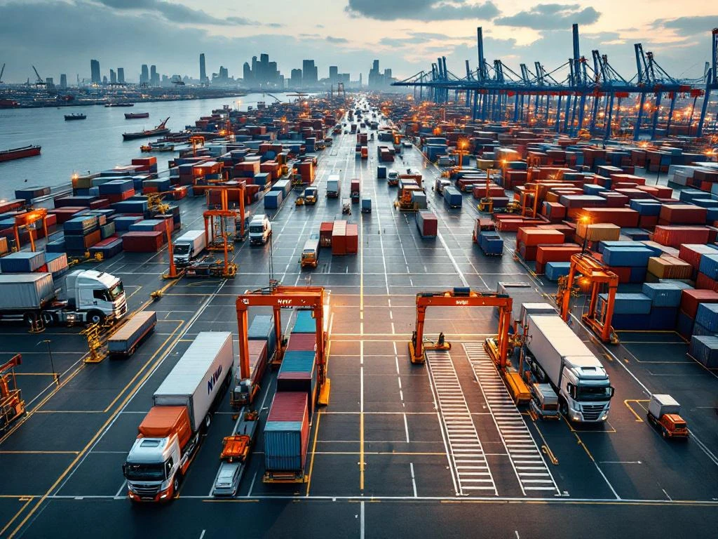 Luchtfoto van moderne Nederlandse haven met NVWA-inspectiestations, containers, vrachtwagens en douanecontroles