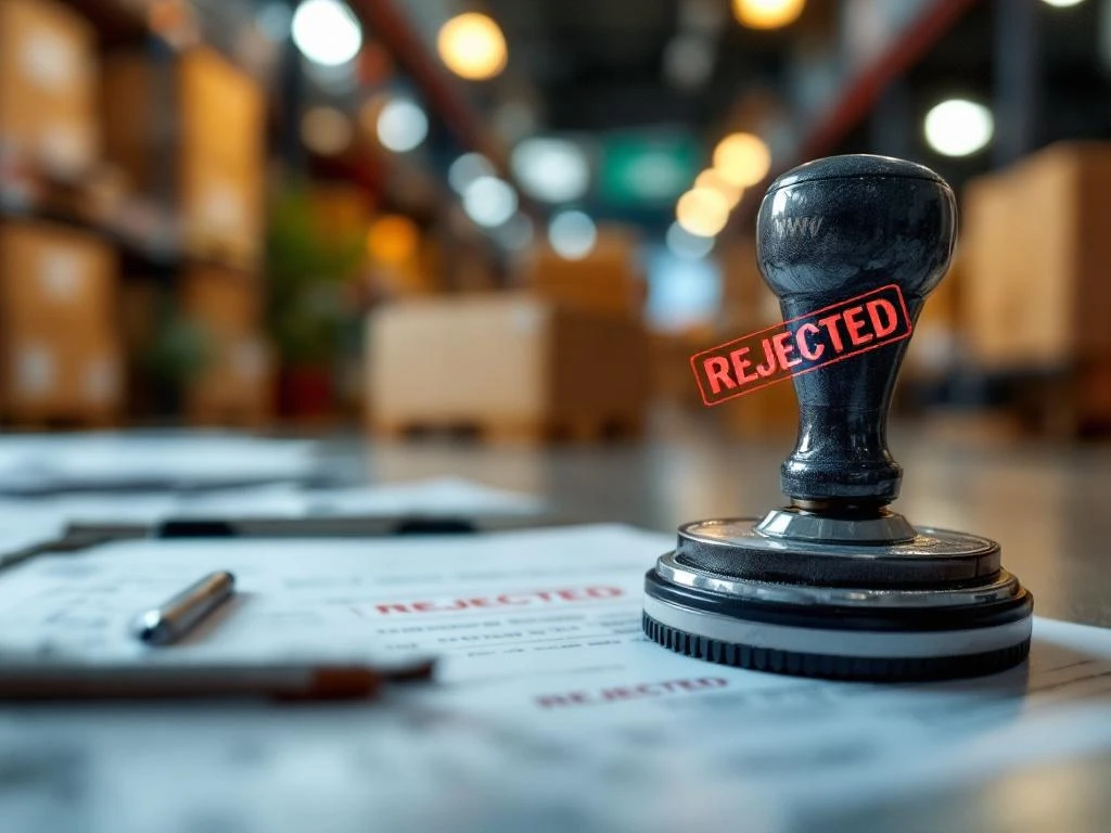 NVWA inspectiestempel drukt "AFGEKEURD" op verzendingsdocumenten in magazijn met kartonnen dozen op achtergrond