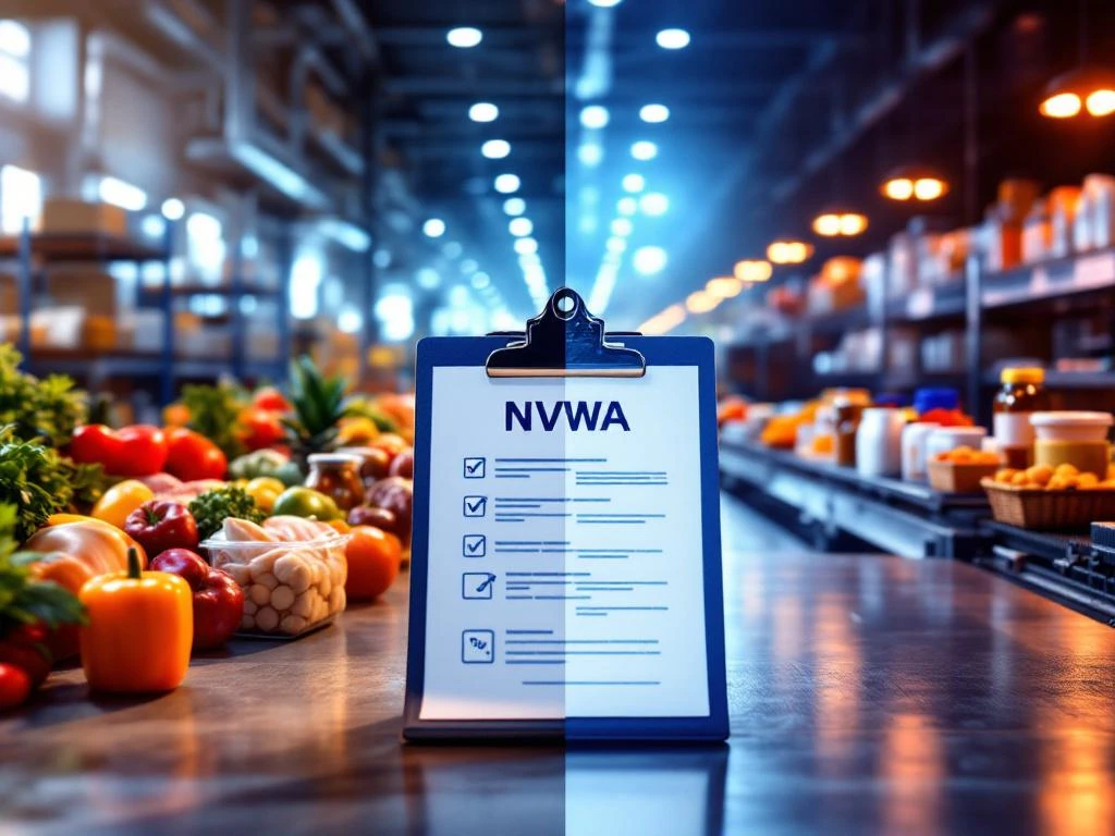 NVWA inspectie split-screen met verse producten, vlees en zuivel links, farmaceutica en veevoer rechts, klembord voorgrond