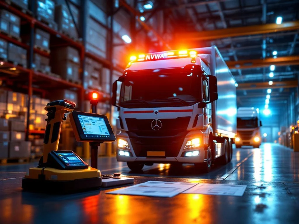 NVWA inspectiepost in moderne logistieke loods met noodvoertuig met zwaailichten bij laadperron tijdens controle