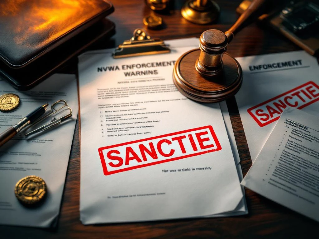 NVWA handhavingsdocumenten met rode SANCTIE-stempel op houten bureau, inclusief waarschuwingen en juridische paperassen