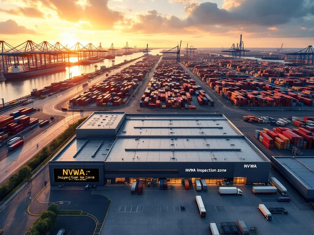 Luchtfoto van Rotterdam haven met kranen, containers, NVWA inspectiegebouw en vrachtwagens tijdens gouden uur