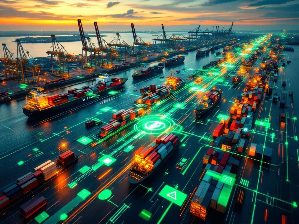 Luchtfoto van Rotterdam haven met containerschepen, hijskranen en digitale NVWA-interface met groene controlepunten