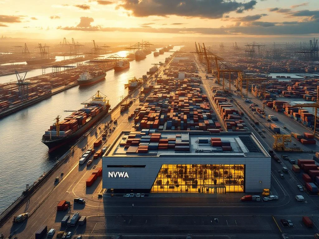 Luchtfoto van de haven van Rotterdam met moderne NVWA inspectie-faciliteit op de voorgrond en containerschepen op de achtergrond