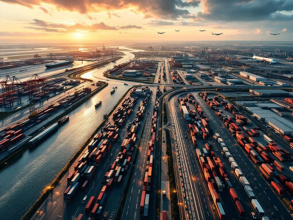 Luchtfoto van Rotterdam haven met containers en Schiphol luchthaven, verbonden door snelwegen en spoorlijnen tijdens gouden uur