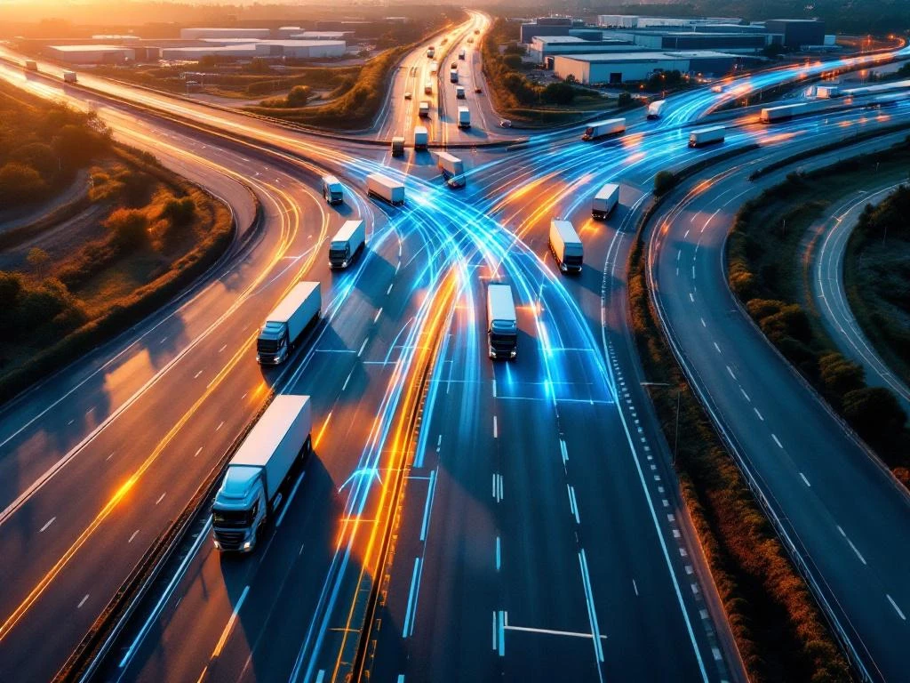 Luchtfoto van moderne snelwegkruising met vrachtwagens die geoptimaliseerde routes volgen naar logistiek centrum