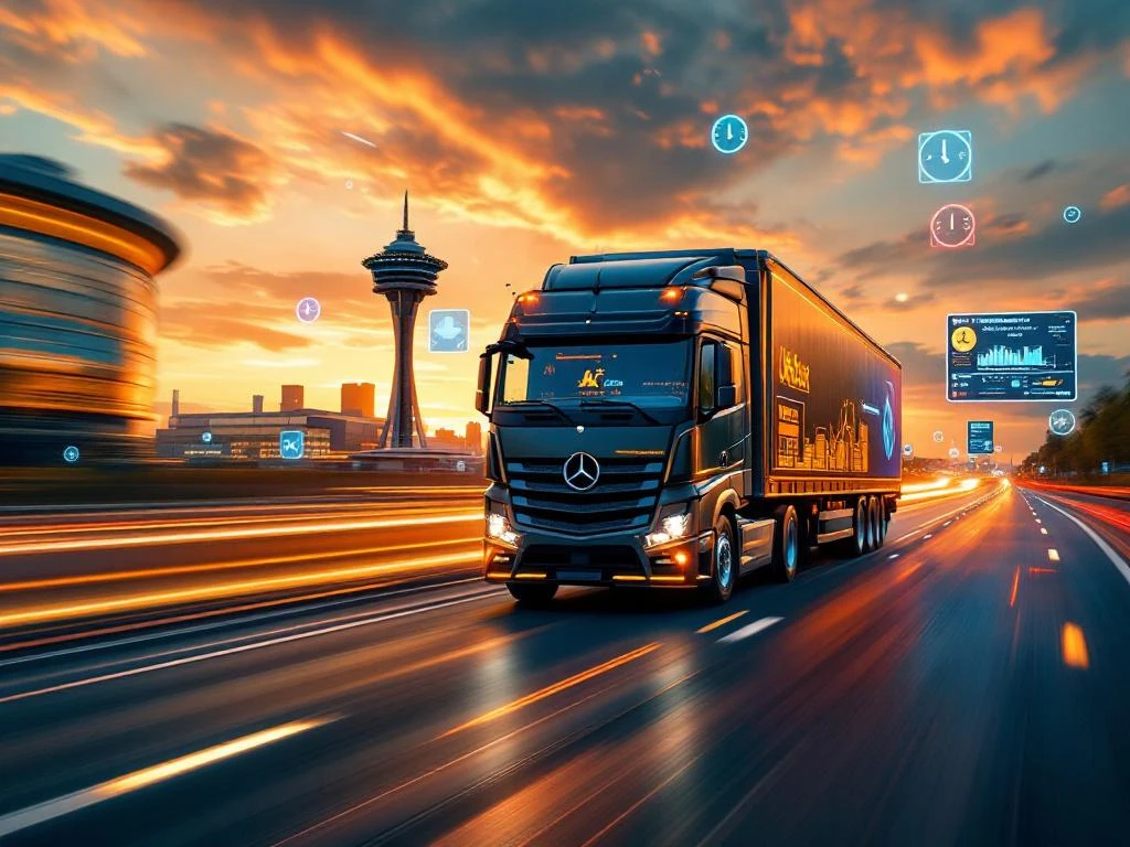 Vrachtauto rijdt op Europese snelweg tijdens gouden uur met digitale logistiek symbolen en controle systemen