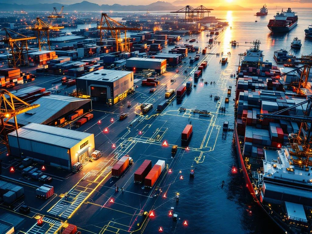 Luchtfoto van industrieel logistiek netwerk met magazijnen, containers en schepen met rode waarschuwingssymbolen voor risico's