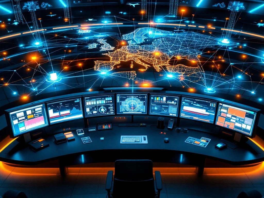 Luchtfoto van digitaal transportcontrolecentrum met gebogen monitoren die Europese logistieke routes en datastromen tonen