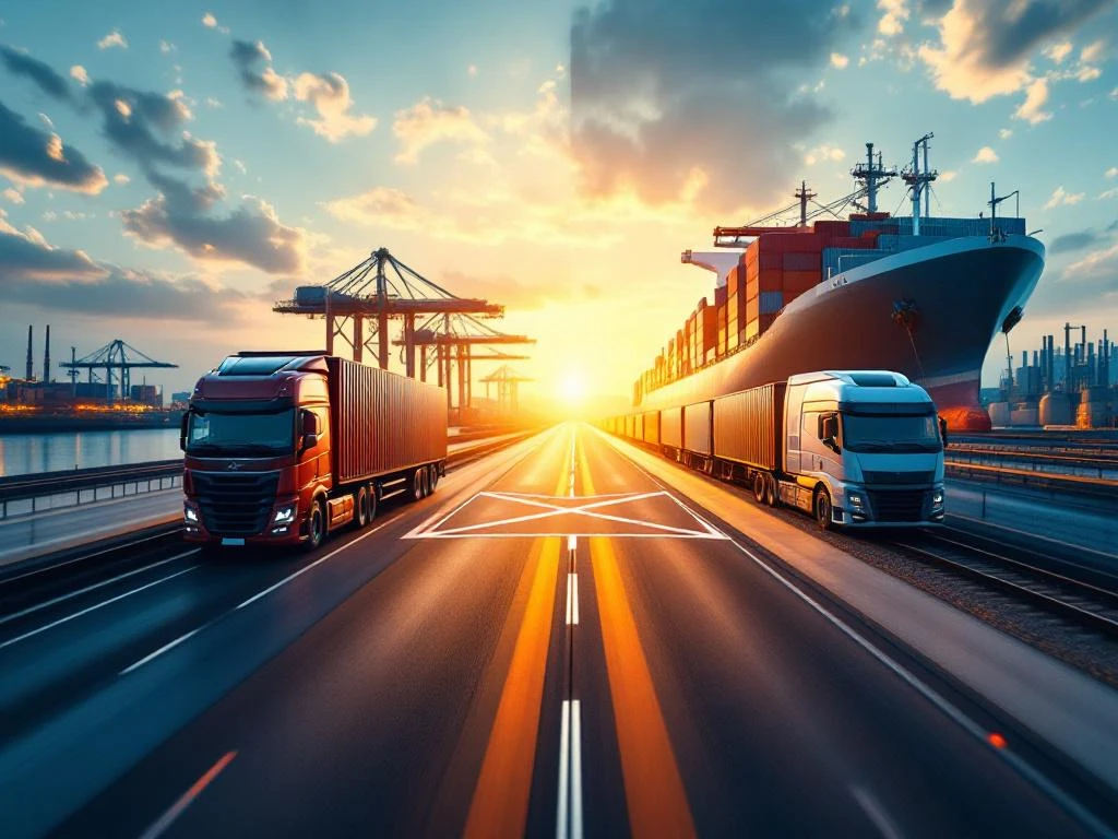 Vier transportmodi in split-screen: vrachtwagen, containerschip, vrachttoestel en elektrische trein met gouden verlichting