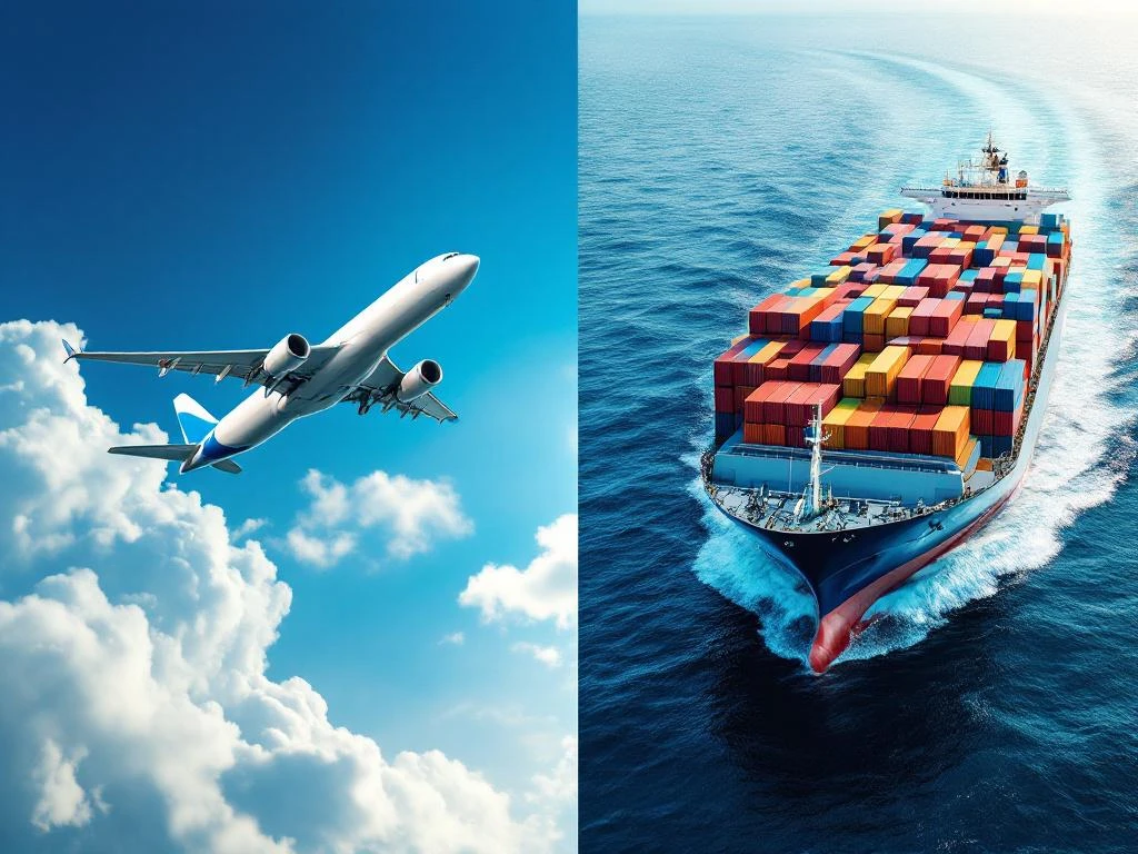 Gesplitst beeld van vrachtvliegtuig in blauwe lucht en containerschip op oceaan voor lucht- versus zeevracht