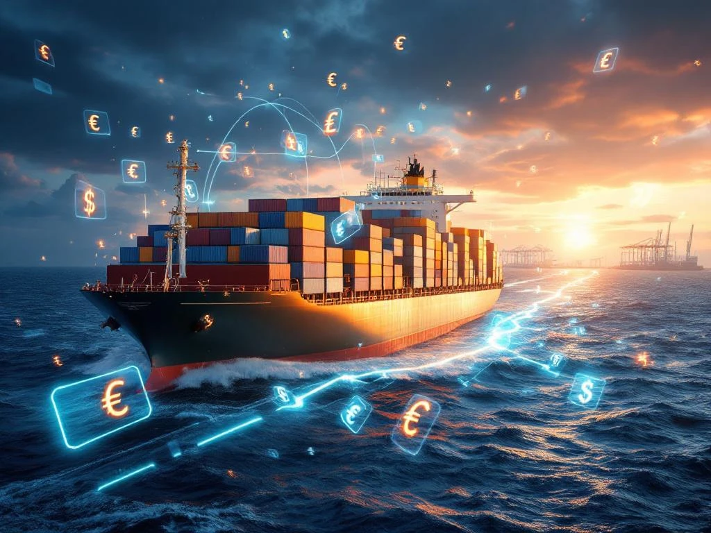 Groot containerschip met kleurrijke containers vaart door woelige zee met zwevende prijslabels en valutasymbolen