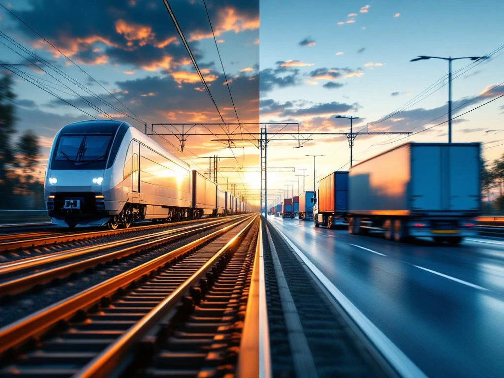 Goederentrein op sporen en vrachtwagens op snelweg in gesplitst beeld, industriële logistiek transport vergelijking