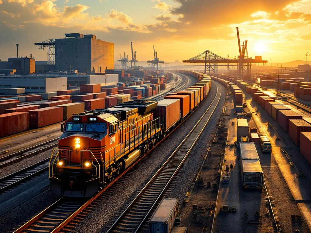 Vrachttrein met kleurrijke containers rijdt door industrieel landschap tijdens gouden uur, met spoorweginfrastructuur