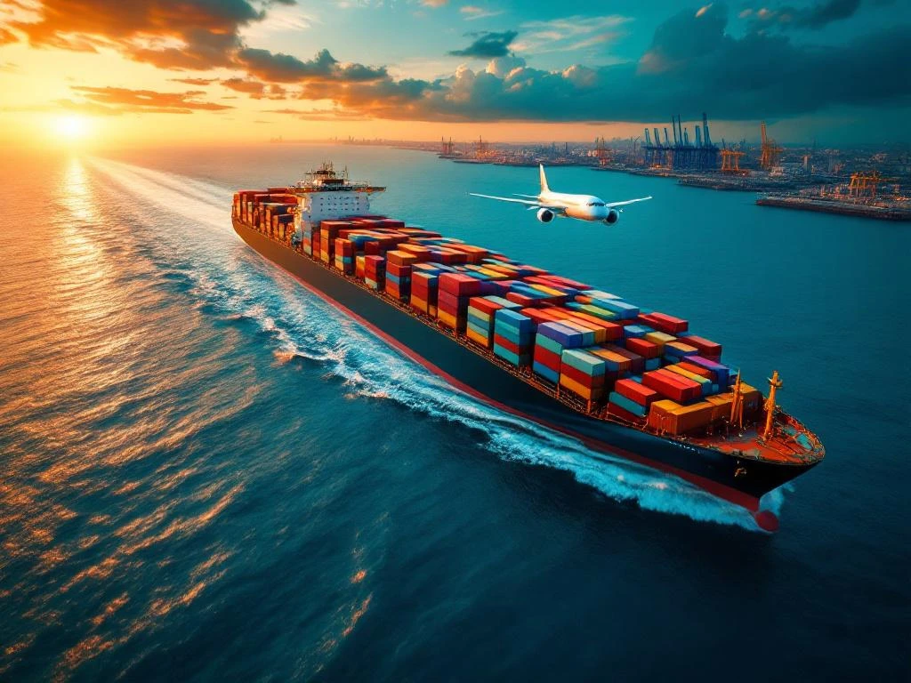 Vrachtschip met containers op zee, vliegtuig erboven, vrachtwagens op snelweg, Rotterdam haven skyline bij zonsondergang