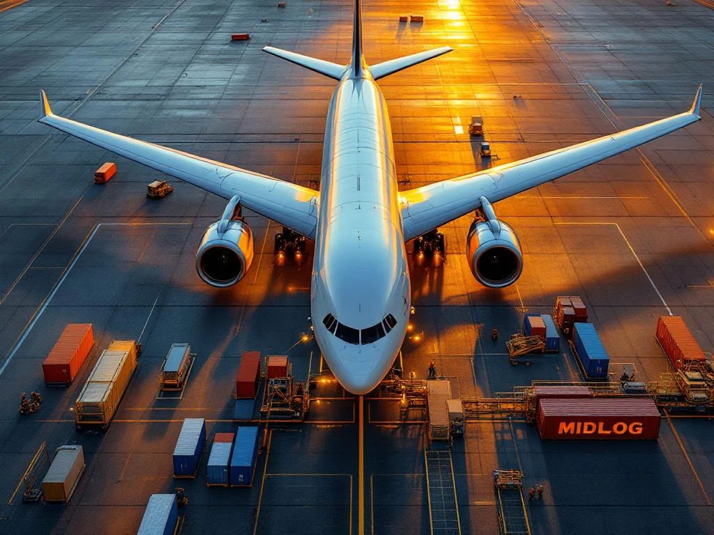 Vrachtvliegtuig met open laadruim vol containers op luchthaven tarmac, omringd door grondpersoneel en laadapparatuur