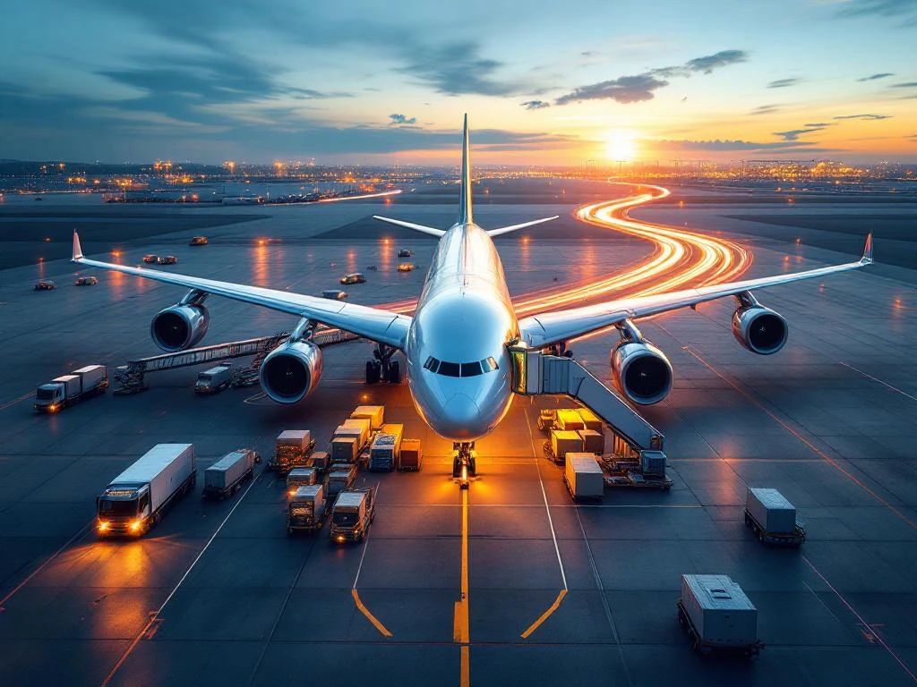 Vrachtvliegtuig met open laadruim op verlichte luchthavenbaan bij zonsondergang, omringd door grondpersoneel voertuigen