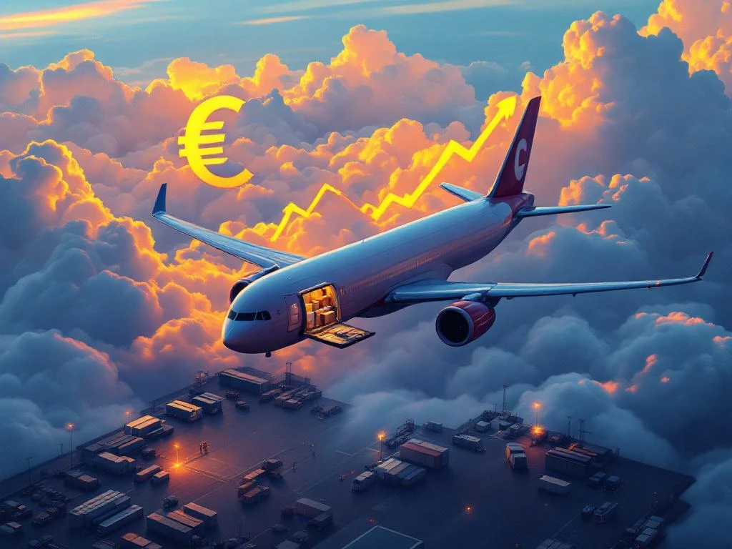 Vrachtvliegtuig met open laadruim vliegt boven luchthaventerminal tijdens gouden uur met stijgende kosten symbolen in wolken