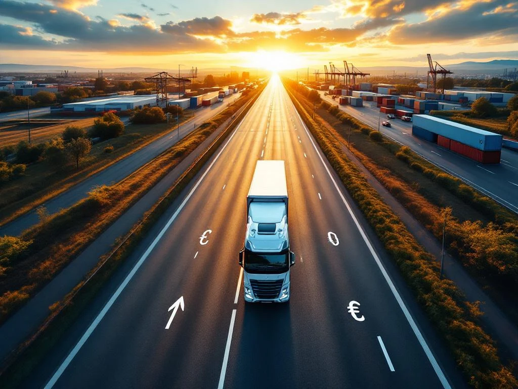 Witte vrachtwagen op moderne Europese snelweg met kilometermarkeringen en logistieke terminals op de achtergrond