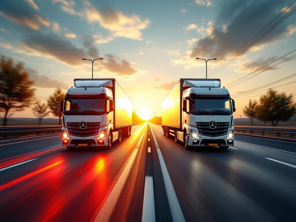 Twee vrachtwagens op Europese snelweg: links met rode noodverlichting in beweging, rechts stilstaand bij zonsondergang