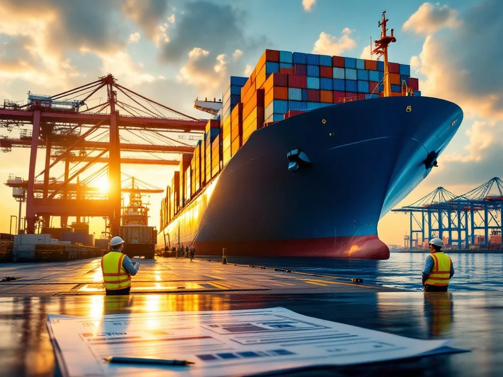 Vrachtschip met containers gelost in haven, douanebeambten inspecteren lading, documenten op bureau voor goederenafhandeling