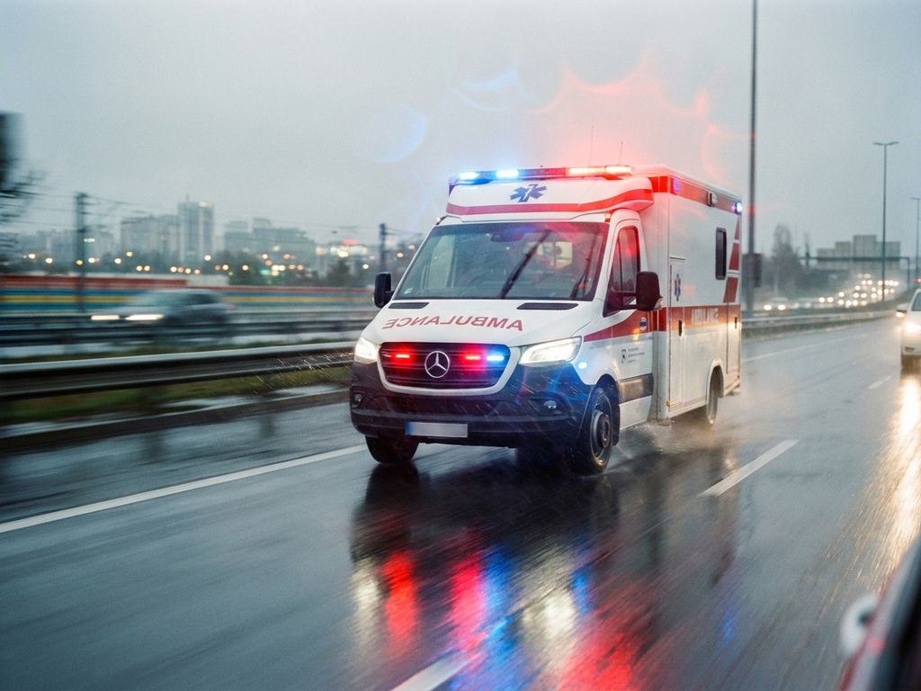 Witte ambulance rijdt met hoge snelheid over natte snelweg met rode en blauwe zwaailichten aan