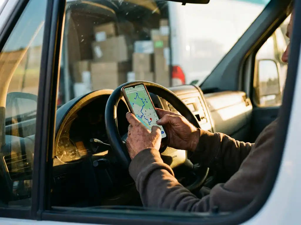 Bezorger houdt smartphone met GPS-routekaart tegen stuurwiel van bestelwagen, pakketten zichtbaar op achtergrond