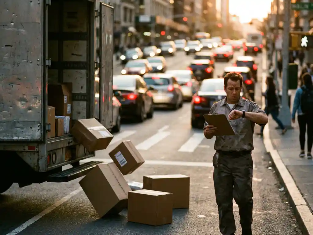 Bezorgchauffeur controleert klok bij openstaande vrachtwagen met verspreide pakketjes op drukke stadsstraat