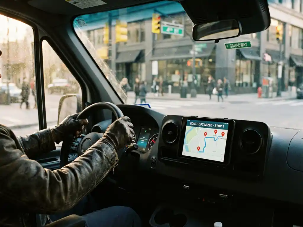 Bezorgwagen met GPS-navigatie toont geoptimaliseerde route door stadsverkeer, chauffeur stuurt door druk kruispunt