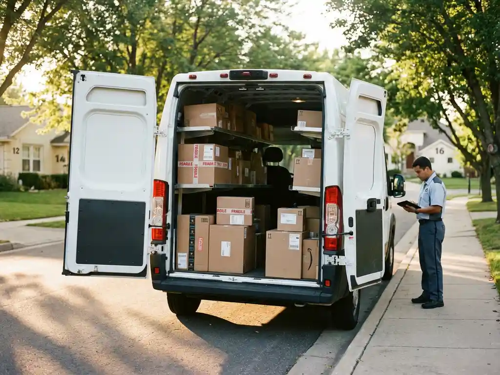 Bezorgwagen met open deuren toont pakketten binnen, chauffeur controleert tablet op woonstraat