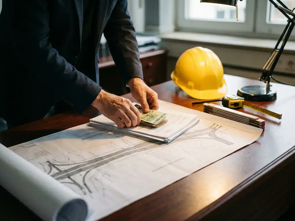 Professionele handen schikken eurobiljetten op bouwplannen met gele helm en meetgereedschap op houten bureau