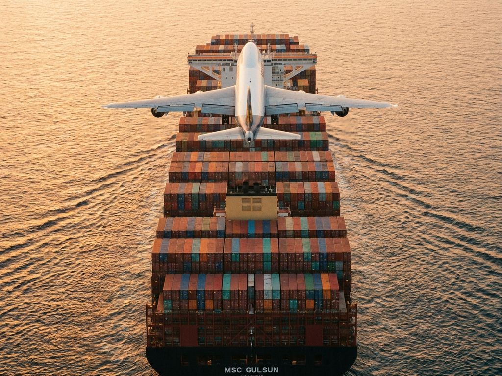 Vrachtvliegtuig vliegt boven containerschip op oceaan tijdens gouden uur, schaduw op kleurrijke containers zichtbaar