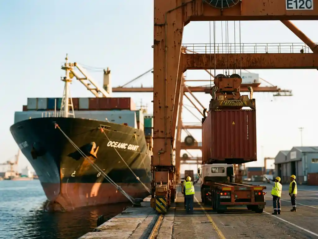 Vrachtschip gelost door kraan op containerterminal, arbeiders in hesjes coördineren overslag op vrachtwagens bij zonsondergang