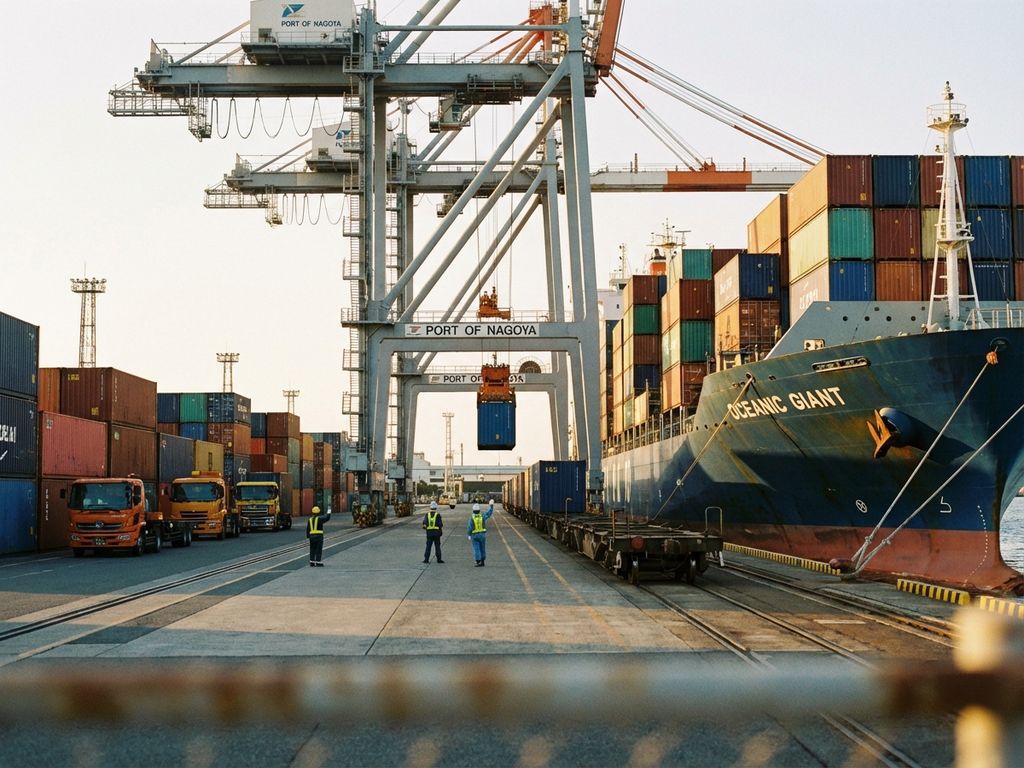 Containerschip gelost door kranen bij haventerminal met vrachttrein en vrachtwagens tijdens gouden uurtje