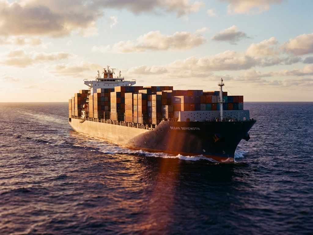 Groot containerschip met kleurrijke containers vaart door diepblauwe oceaan tijdens gouden uur met witte kielzog