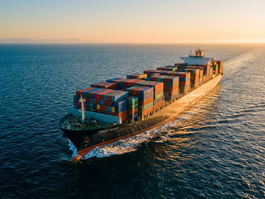 Groot containervrachtschip vaart door oceaan met kleurrijke stapels containers op het dek tijdens gouden uur