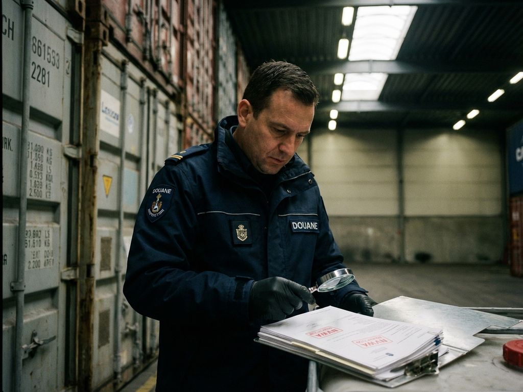 NVWA douanebeambte in uniform controleert importdocumenten bij stapels containers in industriële loods